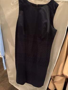 Ann Taylor Sleeveless Navy Blue Eyelet Skirt Mesh Panel Sheath Dress Size 14